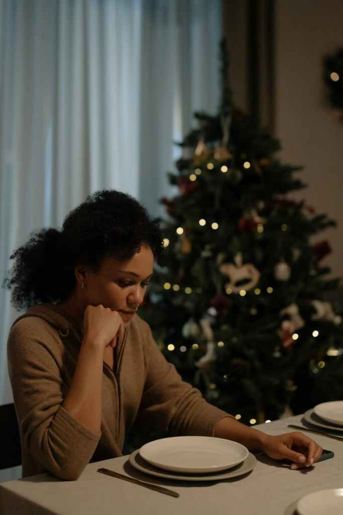 woman sitting at the dinner table in front of an empty plate, with a Christmas tree in the background